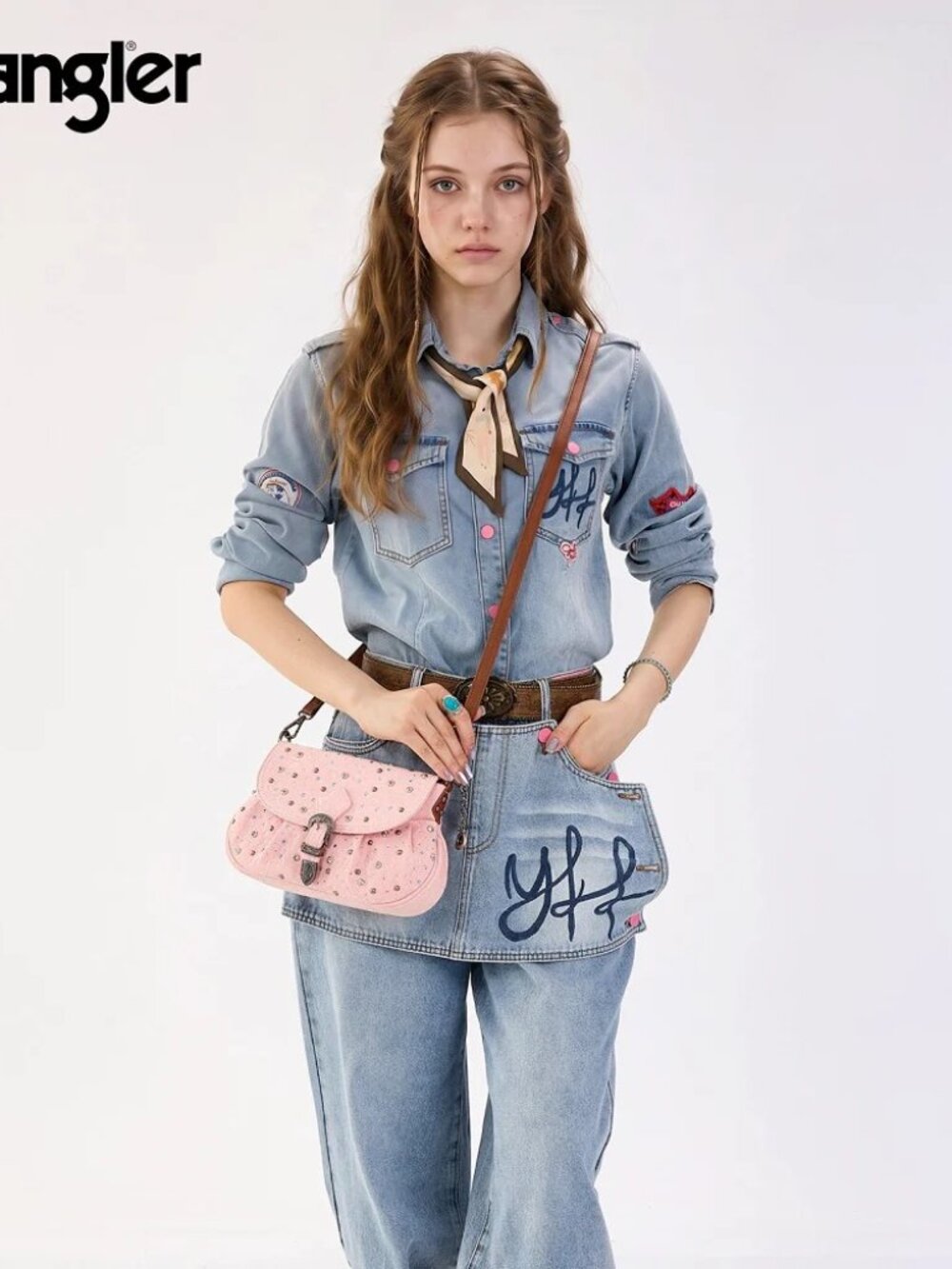 Wrangler Western Rhinestone Denim Flap Crossbody Shoulder Bag Pink - Picture 7 of 8